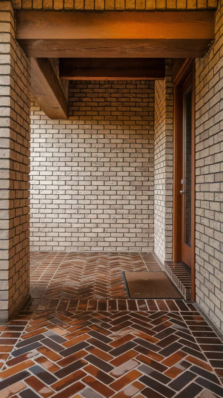Rustic charm meets practicality in a wet, red brick herringbone mudroom floor bathed in warm light.