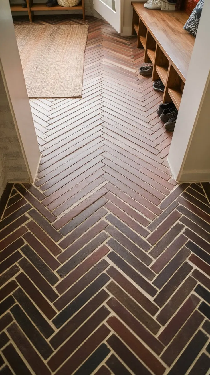 Elegant herringbone brick and wood flooring transforms a hallway, entryway, and mudroom into a stylish and inviting space