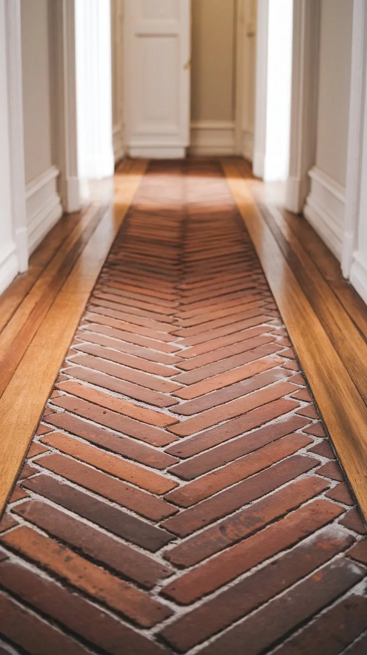 A hallway's soft lighting enhances the elegant herringbone design of brick and wood flooring.