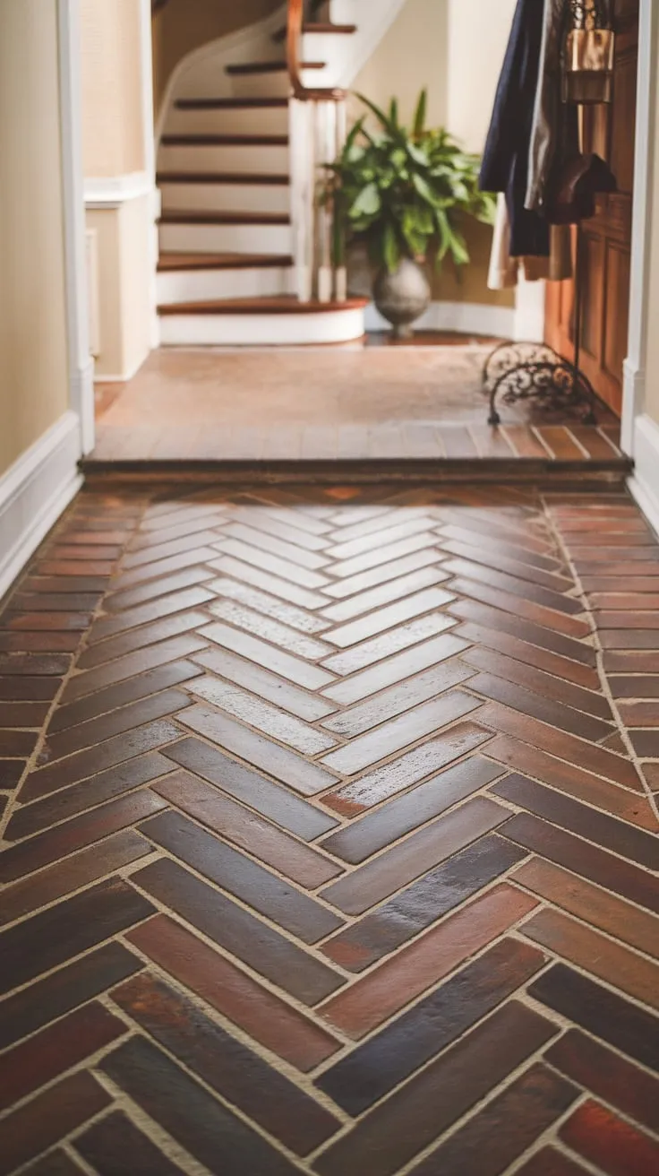 A soft-lit hallway features stunning herringbone brick and wood tile flooring that flows seamlessly into the entryway.