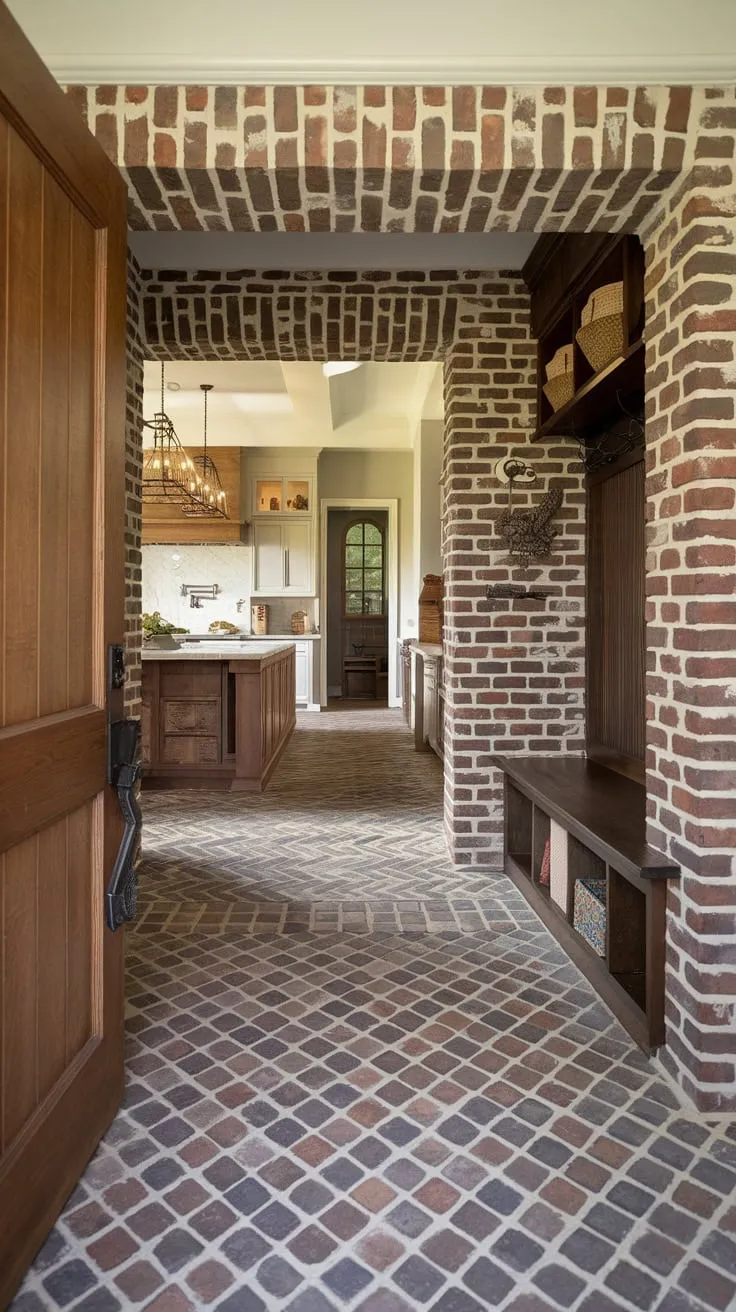 A charming mudroom seamlessly transitions into a rustic kitchen via a continuous herringbone brick floor.