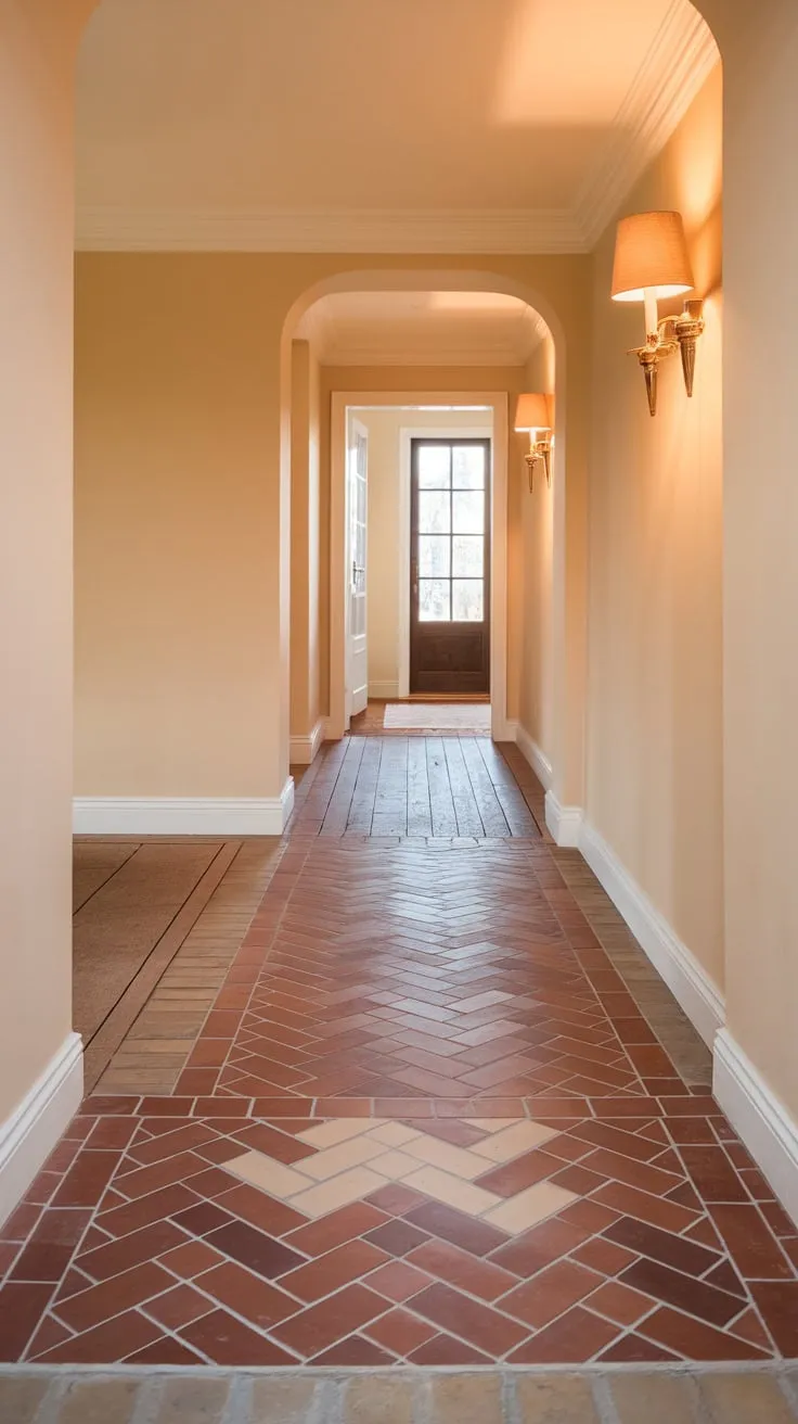 Warm lighting illuminates a captivating hallway where herringbone red and beige brick tile flows seamlessly into wood plank flooring.