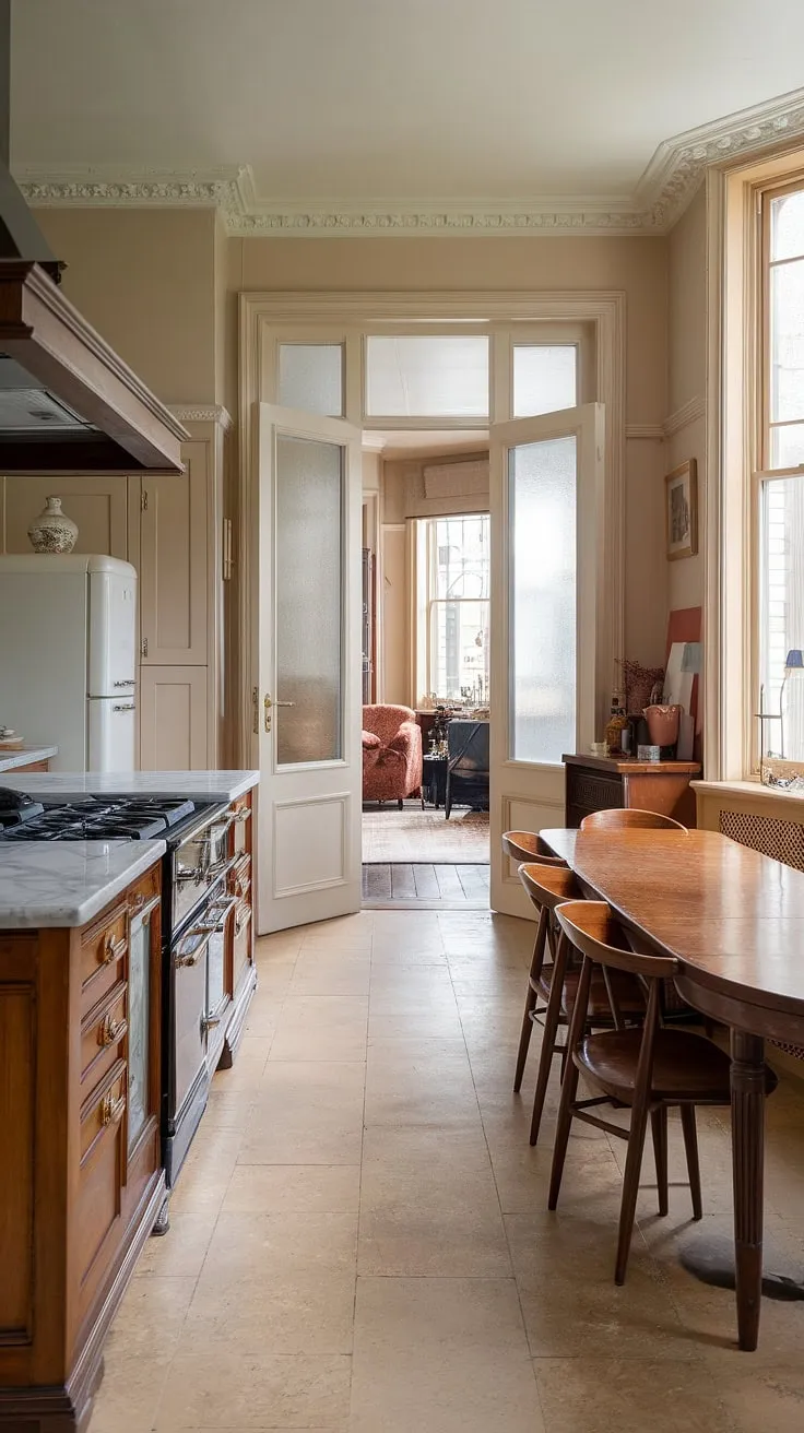 This long kitchen diner, situated within a stunning Victorian-era townhouse, offers a breathtaking example of a family kitchen diner.  The hallway kitchen's design seamlessly blends Georgian style kitchen features with modern functionality.  Note the exquisite marble island, the thoughtful placement of the double doors between kitchen and living room, and the overall London kitchen aesthetic. This kitchen renovation inspiration is a masterclass in creating a spacious and elegant space, perfect for both everyday living and grand entertaining.