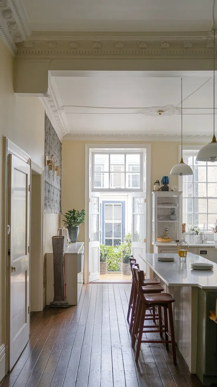 This long kitchen diner in a London townhouse is a masterclass in Victorian kitchen design.  The hallway kitchen's thoughtful layout features doors between kitchen and living room, allowing for effortless flow.  Note the exquisite mouldings and high ceilings, complemented by a crisp white kitchen and a large island.  Double doors into the kitchen lead to outdoor space, completing this dream family kitchen diner, a true example of kitchen renovation inspiration.