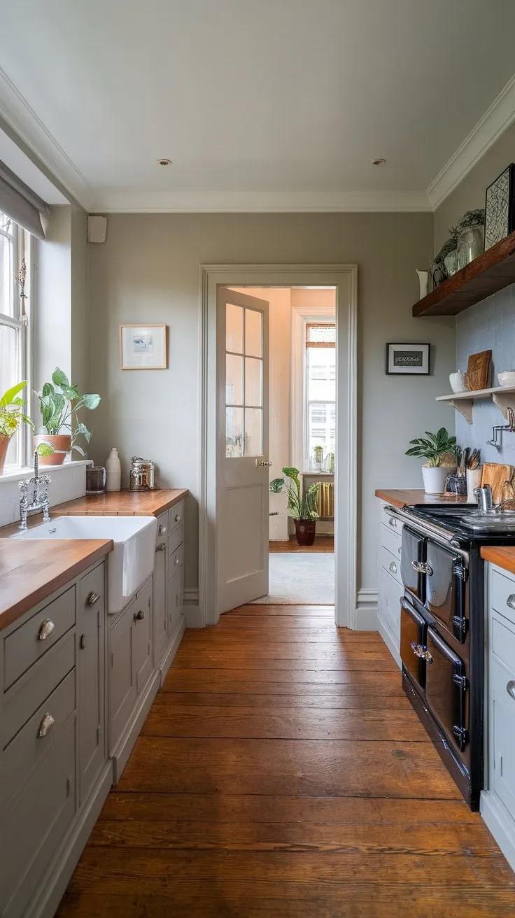 This long kitchen diner, nestled within a beautiful Victorian-era townhouse, offers the ultimate in kitchen renovation inspiration.  The doors between kitchen and living room create an open and airy feel, perfect for entertaining.  Note the exquisite details of this Georgian style kitchen, from the butler's sink to the free-standing range cooker.  The hallway kitchen layout and London kitchen aesthetic make this a truly special family kitchen diner.