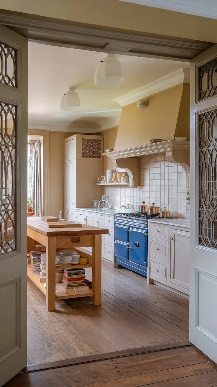 This long kitchen diner in a stunning London townhouse offers a masterclass in Georgian style kitchen design.  The hallway kitchen's Victorian influences are evident in the intricate door carvings, while the marble countertops and white cabinets create a bright, airy space.  This kitchen renovation inspiration is perfect for those seeking an elegant townhouse kitchen with double doors into the kitchen, effortlessly connecting the family kitchen diner to the rest of the home.