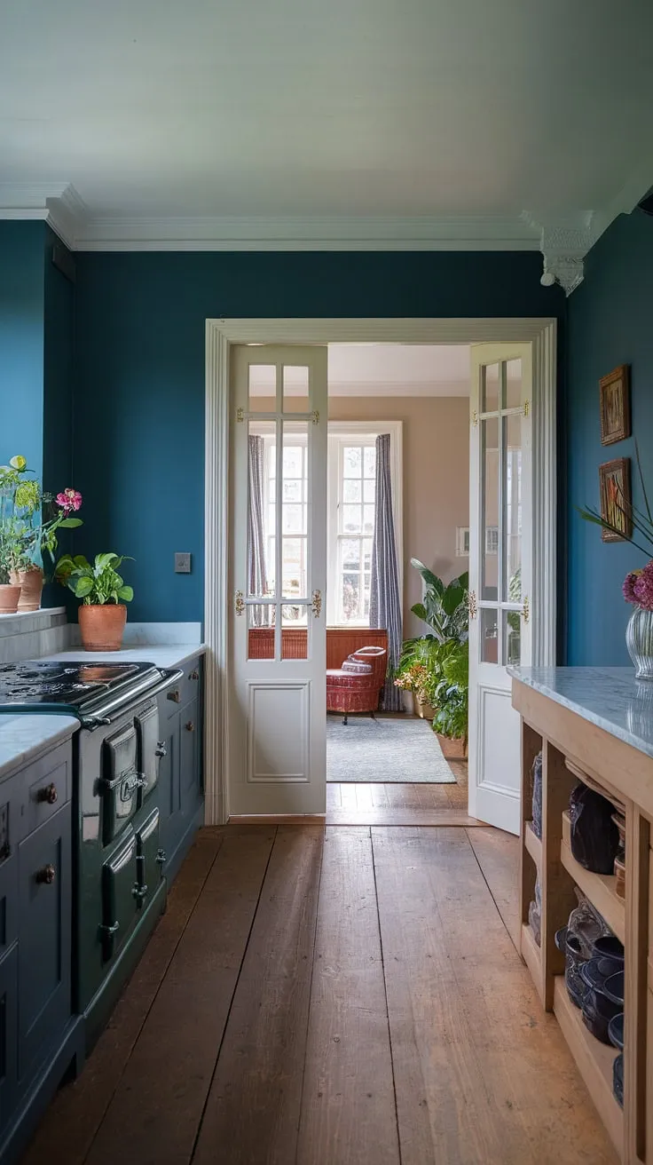 This long kitchen diner is the heart of this beautiful home.  The victorian kitchen design is flawlessly executed, with a dark blue backdrop highlighting the dark green AGA and rich wooden island.  Double doors into the kitchen lead from the hallway, opening to a spacious family kitchen diner.  This georgian style kitchen, with its marble countertops and thoughtful details, offers endless kitchen renovation inspiration.