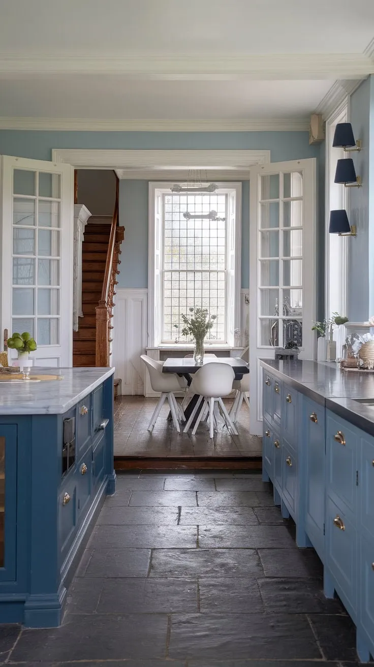 Step into this elegant townhouse kitchen, a stunning example of Georgian style design.  The long kitchen diner flows seamlessly into a spacious dining area, highlighted by double doors between kitchen and living room, creating a perfect family kitchen diner.  This kitchen renovation inspiration showcases a London kitchen aesthetic with its dark blue island, light blue cabinetry, and dark grey tiled floor. The hallway kitchen's Victorian kitchen design details, including the gridded window and dark blue sconces, add to its timeless charm.