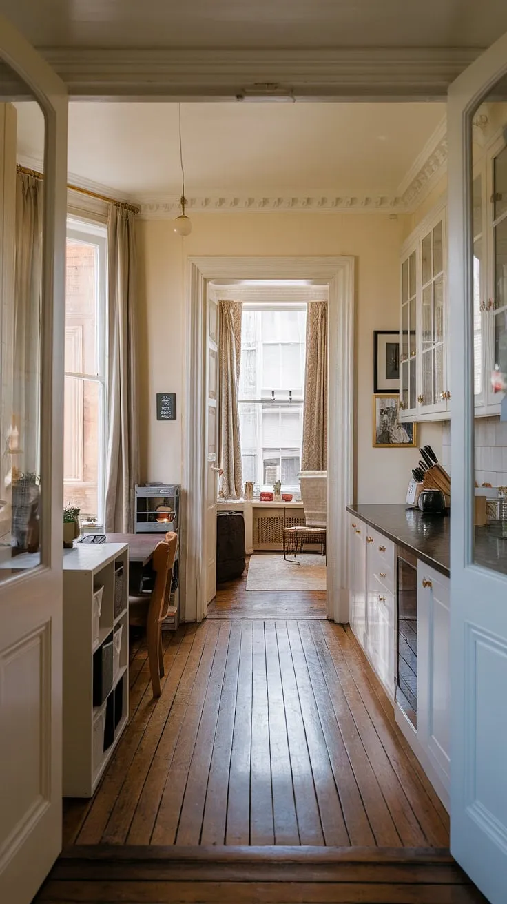 Step into this elegant townhouse kitchen, a stunning example of Victorian kitchen design.  The hallway kitchen's long kitchen diner flows seamlessly into the living room thanks to the doors between kitchen and living room, creating a bright and airy family kitchen diner. This kitchen renovation inspiration showcases a perfect blend of Georgian style kitchen elements and a modern London kitchen aesthetic. The double doors into the kitchen add a touch of grandeur, while the natural light enhances the space's charm.