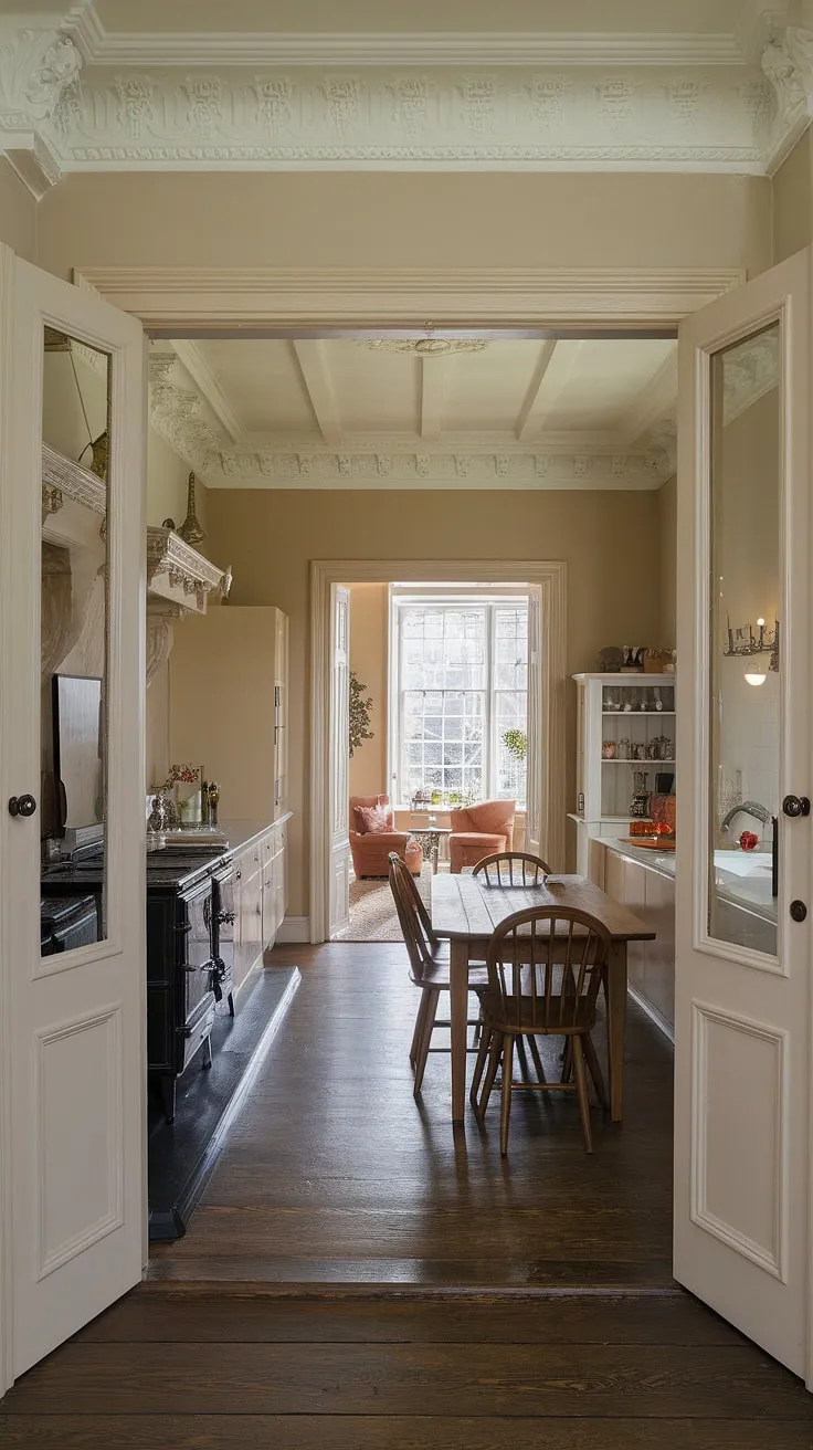 Step into this elegant townhouse kitchen, a stunning blend of Georgian style and Victorian design.  The long kitchen diner, bathed in natural light, flows seamlessly into the living room via double doors, creating a perfect family kitchen diner. This hallway kitchen renovation inspiration showcases exquisite ornate moldings and a black stove, all contributing to the London kitchen aesthetic.