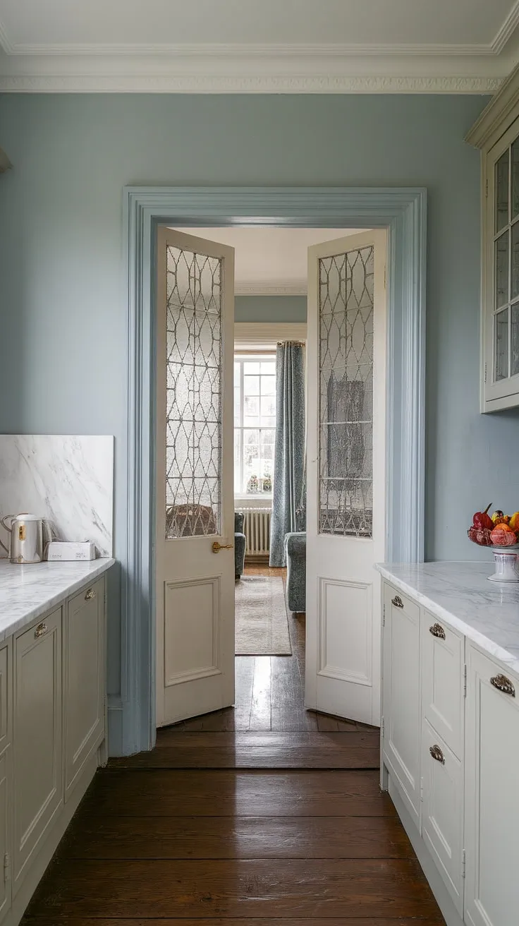 This hallway kitchen is the heart of this Victorian home.  The long kitchen diner, a testament to Georgian style kitchen design, flows effortlessly into the living area via beautiful double doors into the kitchen.  The classic white cabinets and marble countertops are complemented by the soft blue walls and dark wood floors, creating a sophisticated London kitchen aesthetic.  This elegant townhouse kitchen is the ultimate kitchen renovation inspiration, proving that period charm and modern living can coexist beautifully.