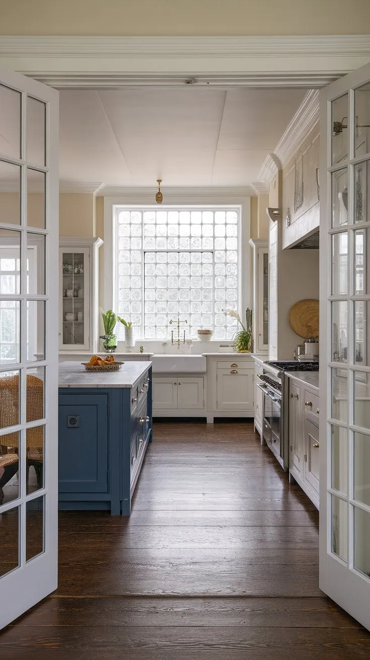 This long kitchen diner is the heart of this beautiful home, a testament to exquisite Georgian style and thoughtful design.  The dark wood floors, white cabinets, and a striking dark blue island with marble countertop create a sophisticated London kitchen aesthetic.  The doors between kitchen and living room, cleverly designed as double doors into the kitchen, enhance the open-plan feel.  This hallway kitchen, though spacious, feels intimate and inviting, offering ample inspiration for your own kitchen renovation.  A true Victorian kitchen design masterpiece.
