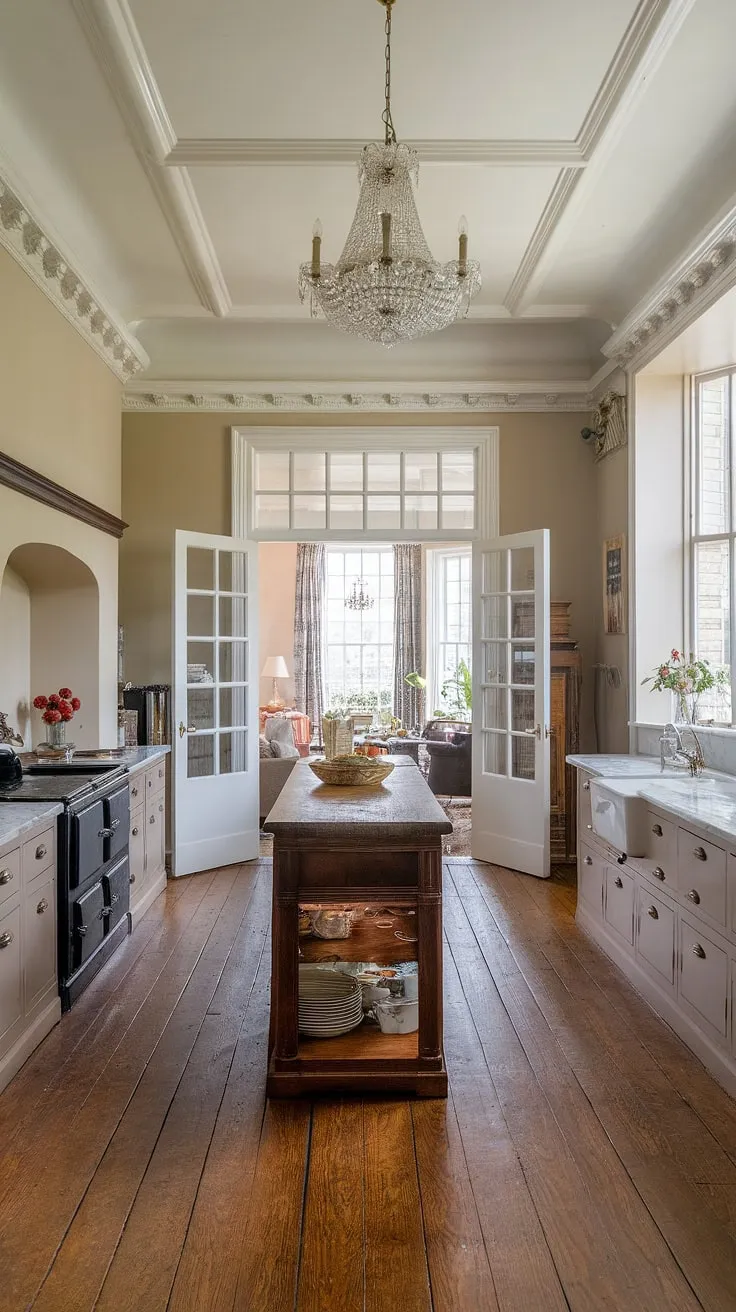 Step into this elegant townhouse kitchen, a stunning blend of Victorian and Georgian style.  The long kitchen diner, complete with a magnificent chandelier and AGA cooker, flows seamlessly into a spacious living area via double doors between kitchen and living room, creating the perfect family kitchen diner. This hallway kitchen renovation inspiration showcases exquisite detail, from the marble countertops to the hardwood floors, embodying the ultimate London kitchen aesthetic.