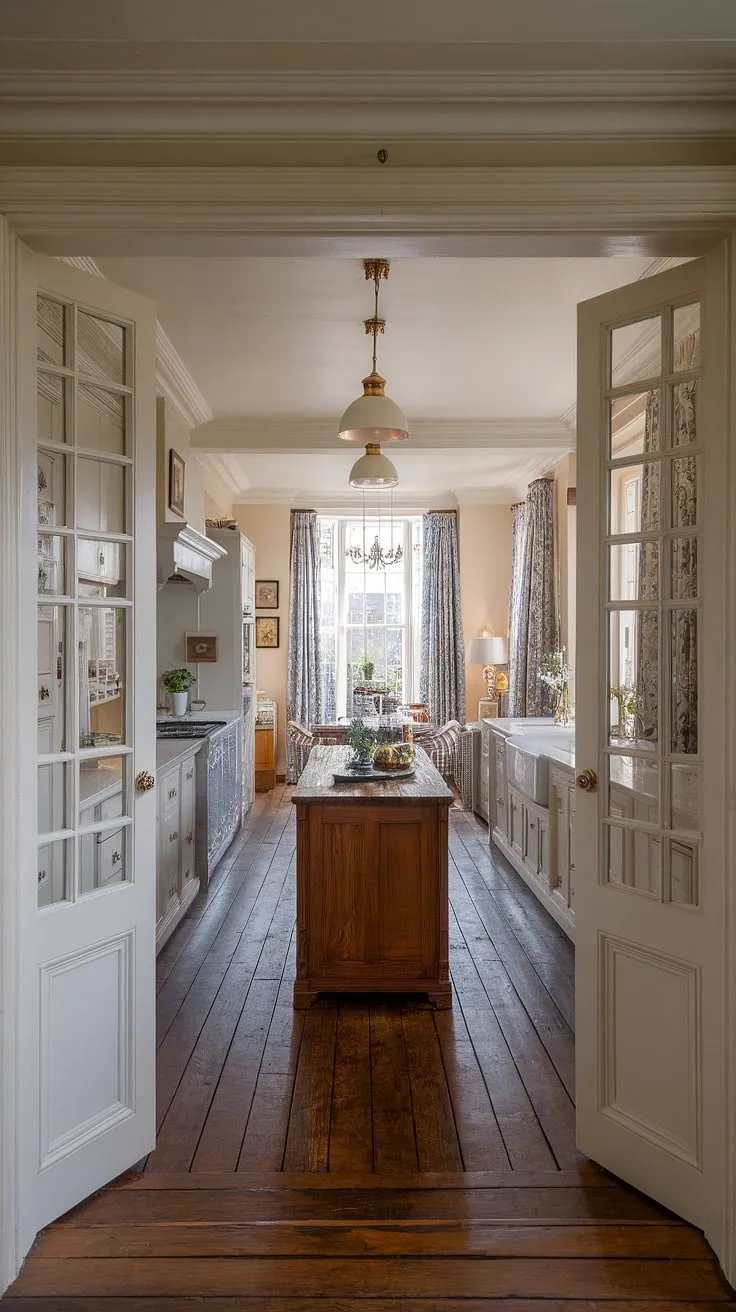 Step into this breathtaking long kitchen diner, a stunning example of Victorian kitchen design within an elegant townhouse.  The double doors into the kitchen seamlessly connect the space to the living area, creating a truly expansive family kitchen diner.  This hallway kitchen, with its classic white cabinets and wooden island, offers ample inspiration for your own kitchen renovation. The London kitchen aesthetic is perfectly captured in this Georgian style kitchen, a dream renovation for any homeowner.
