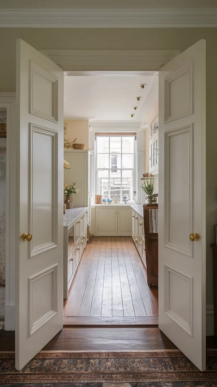 Step through these double doors into a breathtaking transformation: a family kitchen diner seamlessly integrated into this elegant townhouse kitchen.  The Victorian and Georgian design elements blend effortlessly, creating a truly unique London kitchen aesthetic. This hallway kitchen renovation inspiration showcases the perfect balance between period charm and modern functionality, with the doors between kitchen and living room offering a fluid connection to the rest of the home. The long kitchen diner is the heart of this space, a testament to the power of thoughtful design.