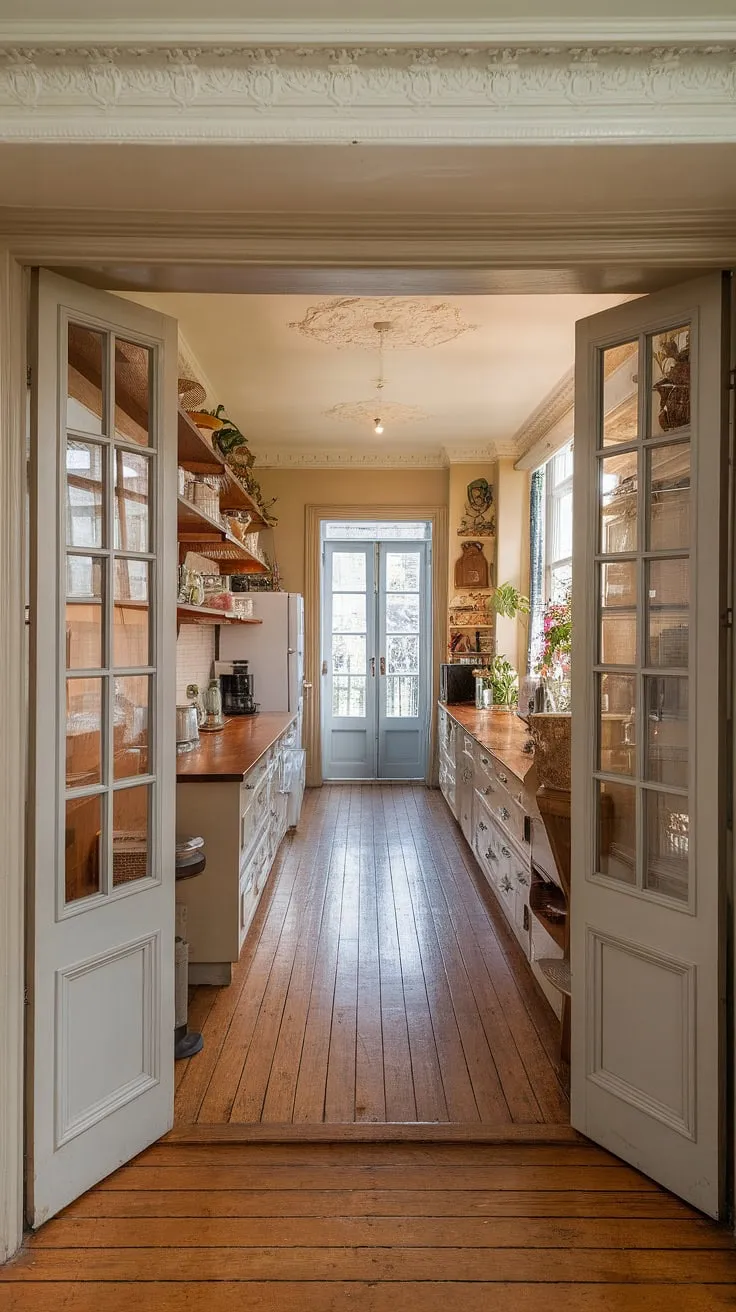 This hallway kitchen in a beautiful Georgian style kitchen within an elegant townhouse is pure kitchen renovation inspiration.  The long kitchen diner boasts a Victorian kitchen design, complete with intricate ceiling details and shelves overflowing with character.  The doors between kitchen and living room, including the double doors into the kitchen, create a fluid flow between spaces.  A true London kitchen aesthetic, perfect for family gatherings.