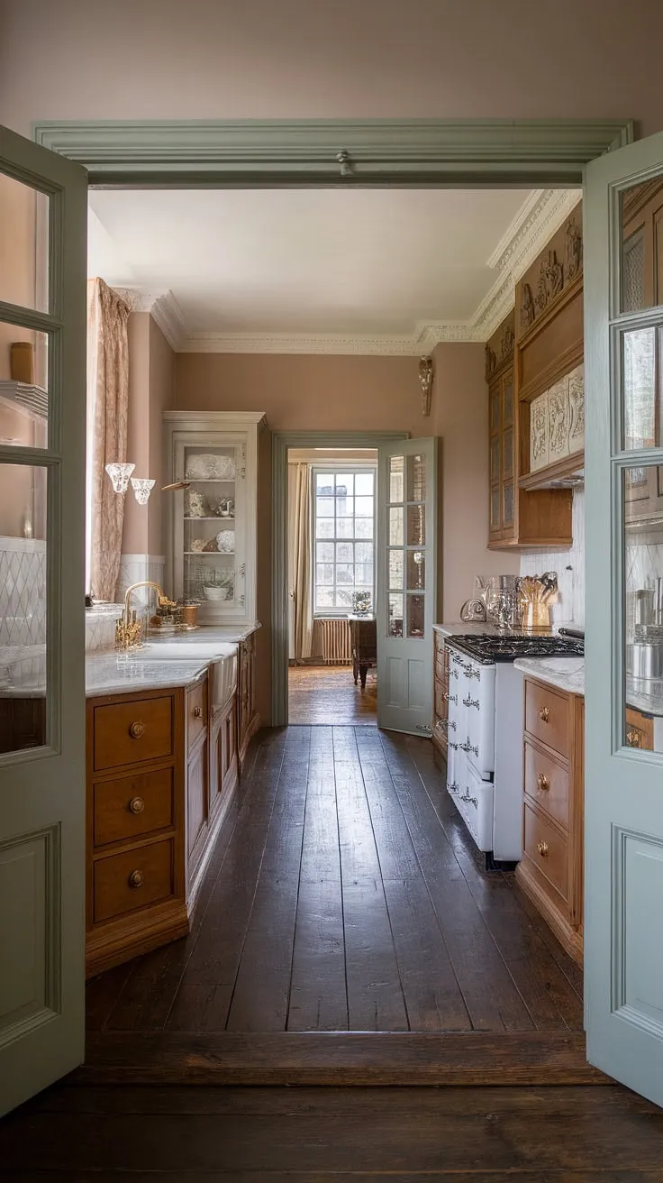 This long kitchen diner, a stunning example of Victorian kitchen design, transforms this elegant townhouse kitchen into a heart of the home.  The doors between kitchen and living room create an open and airy feel, while the rich dark wood floors and soft wall tones enhance the London kitchen aesthetic.  This hallway kitchen, a testament to thoughtful kitchen renovation inspiration, seamlessly blends Georgian style kitchen elements with modern functionality.