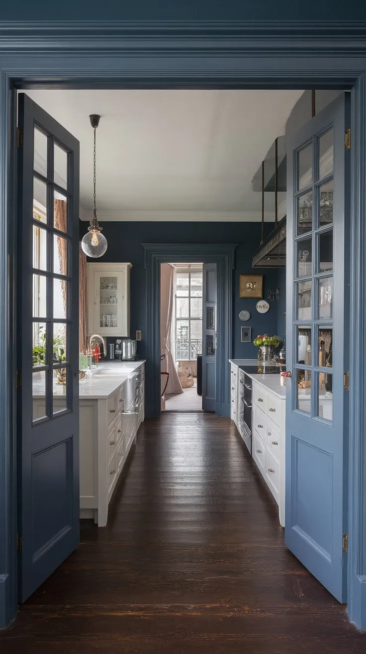 This long kitchen diner in an elegant townhouse is the epitome of kitchen renovation inspiration.  The dark blue and white colour scheme, combined with the rich dark wood floors and intricate mouldings, creates a sophisticated Victorian kitchen design with a touch of Georgian style.  The double doors between kitchen and living room enhance the flow, making it ideal for family gatherings.  A true London kitchen aesthetic, this hallway kitchen is a dream come true.