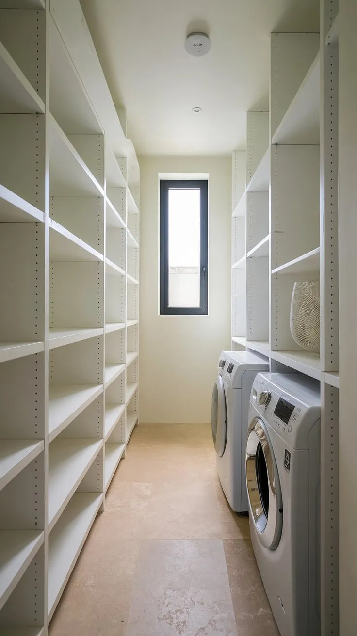 Maximize space and minimize clutter with this hall laundry solution.  Our laundry room renovation transformed this narrow space into a surprisingly spacious laundry room closet, a perfect example of clever laundry ideas for a hidden laundry.  The result? A beautiful and practical laundry nook.