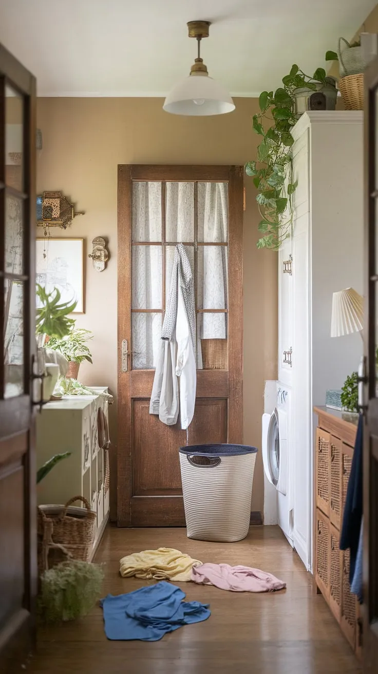 This hall laundry, tucked away in a forgotten hallway, is a testament to clever design.  A laundry room closet reimagined, this space showcases how a laundry room renovation can create a delightful and efficient laundry nook, brimming with vintage charm and practical laundry ideas.