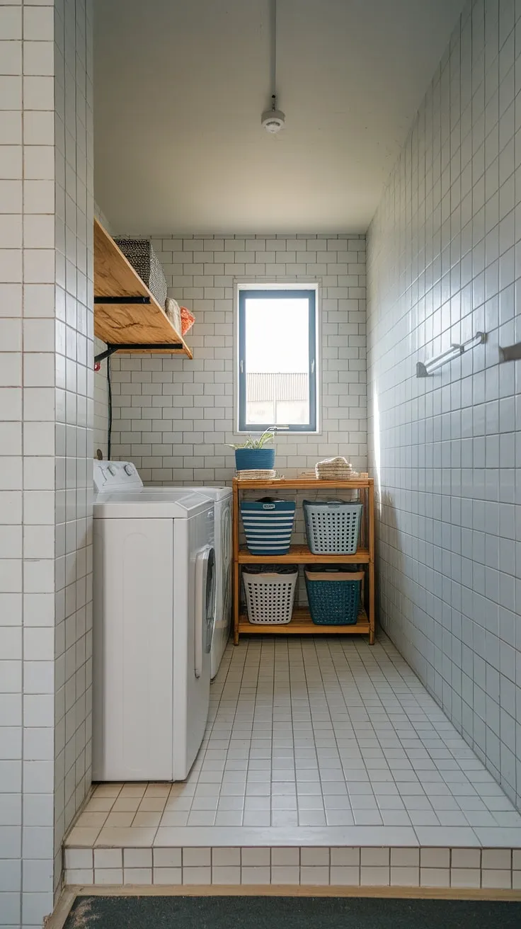 This hallway laundry nook, tucked away in a cleverly designed laundry room closet, proves that even hidden laundry can be stylish.  The laundry room renovation resulted in a bright, efficient space, brimming with smart laundry ideas.