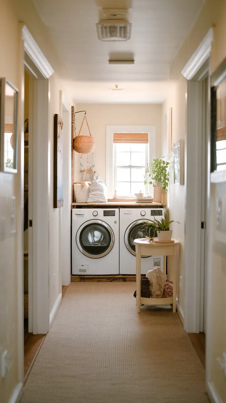 This hall laundry is anything but an afterthought!  Our laundry room renovation created this delightful laundry nook, tucked away yet brimming with personality.  With a few thoughtful laundry ideas, even a small hallway laundry can become a stylish and practical laundry room closet.  The perfect hidden laundry solution.