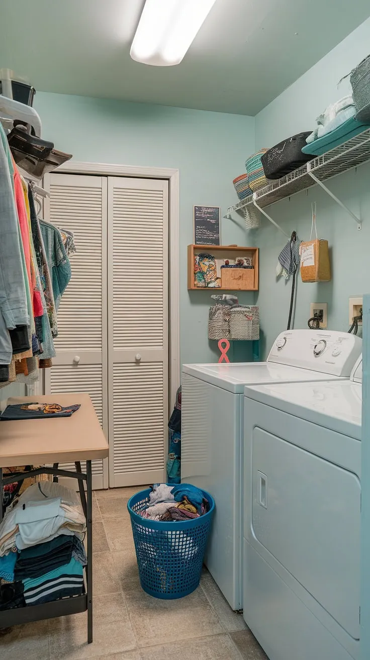 This hallway laundry, tucked away in a cleverly designed laundry room closet, proves that even a hidden laundry nook can be stylish and functional.  The light blue walls and small folding table make this laundry room renovation a space-saving success, brimming with laundry ideas.