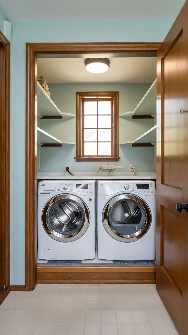 Transforming a forgotten hallway into a delightful hall laundry! This laundry room closet, complete with full-size washer and dryer, is a testament to clever laundry ideas and successful laundry room renovation.  The result? A hidden laundry that's anything but hidden in its charm.