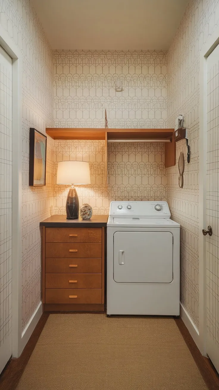 No more cramped quarters! This hall laundry room closet is a dream come true.  The mid-century modern aesthetic elevates this laundry room renovation, transforming a forgotten hallway space into a stylish and efficient laundry nook.  Get inspired by these clever laundry ideas for your own hidden laundry.