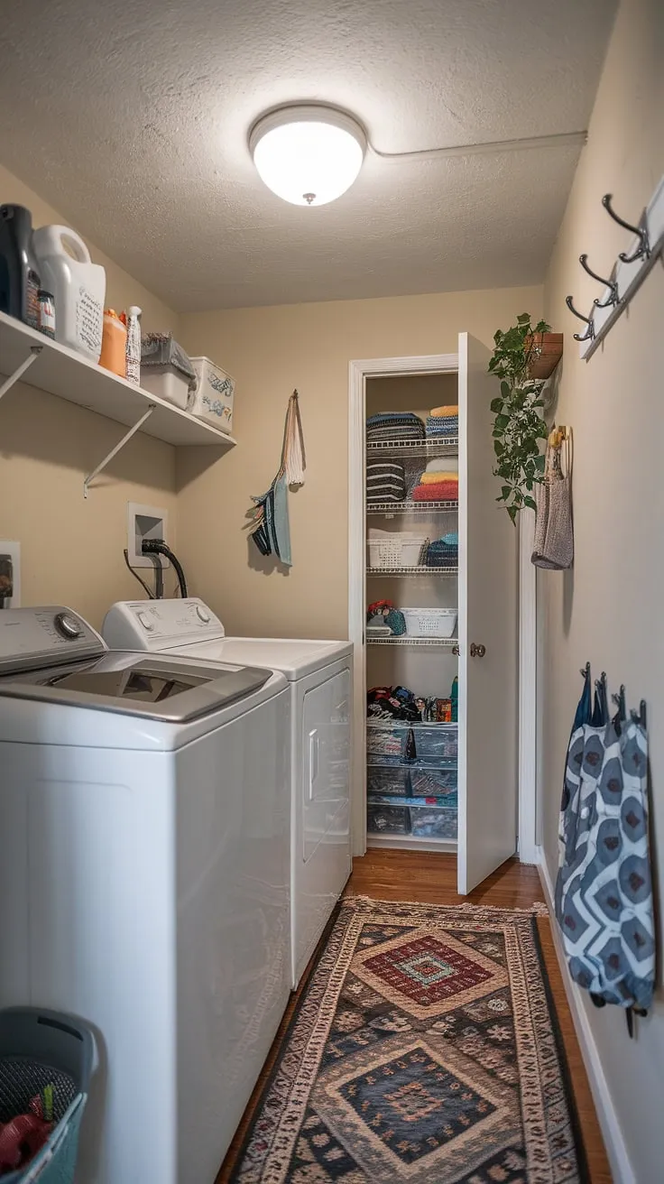 This hallway laundry, tucked away in a cleverly designed laundry room closet, proves that even the smallest space can be a functional and stylish laundry nook.  The laundry room renovation maximized storage and created a surprisingly serene atmosphere, showcasing clever laundry ideas for a hidden laundry solution.