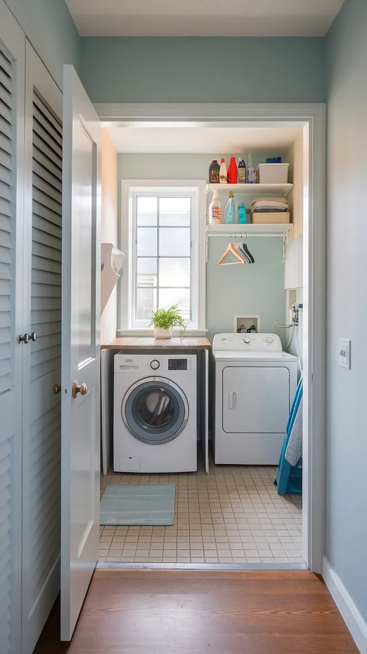 Secretly stylish and surprisingly spacious! This hallway laundry, cleverly disguised as a laundry room closet, is the ultimate laundry nook.  Our laundry room renovation transformed a forgotten corner into a bright and efficient haven, brimming with clever laundry ideas.