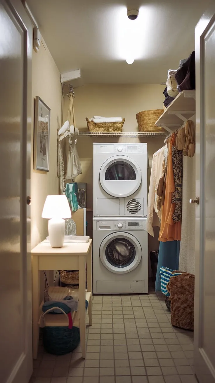 This hidden laundry, nestled in a hall laundry closet, proves that even a compact laundry room can be stylish and efficient.  The thoughtful design and bright lighting transform this small space into a functional and surprisingly charming laundry room, offering plenty of laundry ideas for a streamlined routine.