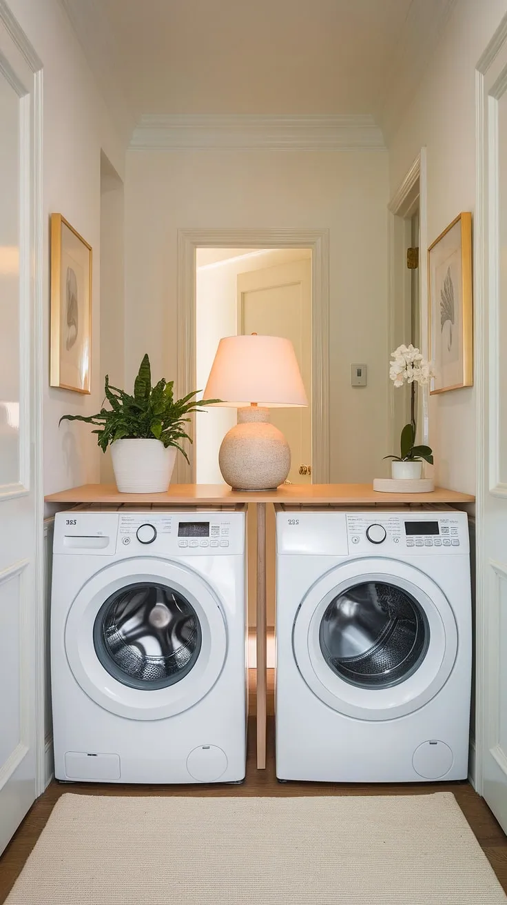 This hallway laundry nook proves that even a hidden laundry room closet can be stylish and functional.  The laundry room renovation transformed this unused space into a practical and charming laundry ideas haven.