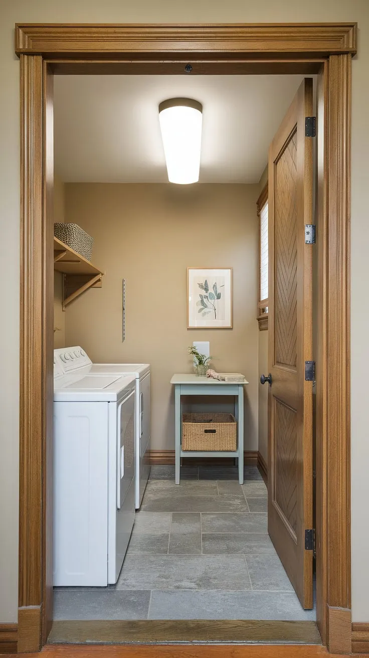 This hallway laundry, tucked away in a charming laundry room closet, proves that even a hidden laundry area can be stylish and functional.  The laundry room renovation resulted in a surprisingly spacious laundry nook, complete with clever storage solutions and a calming aesthetic.  Plenty of laundry ideas were incorporated to maximize this small space.