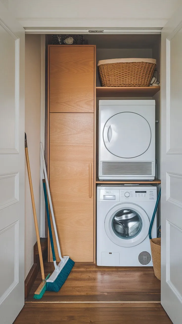 Maximize space and minimize clutter with this ingenious hall laundry solution.  Our laundry room renovation transformed this narrow hallway laundry into a delightful and efficient laundry room closet, showcasing practical laundry ideas within a surprisingly spacious laundry nook.
