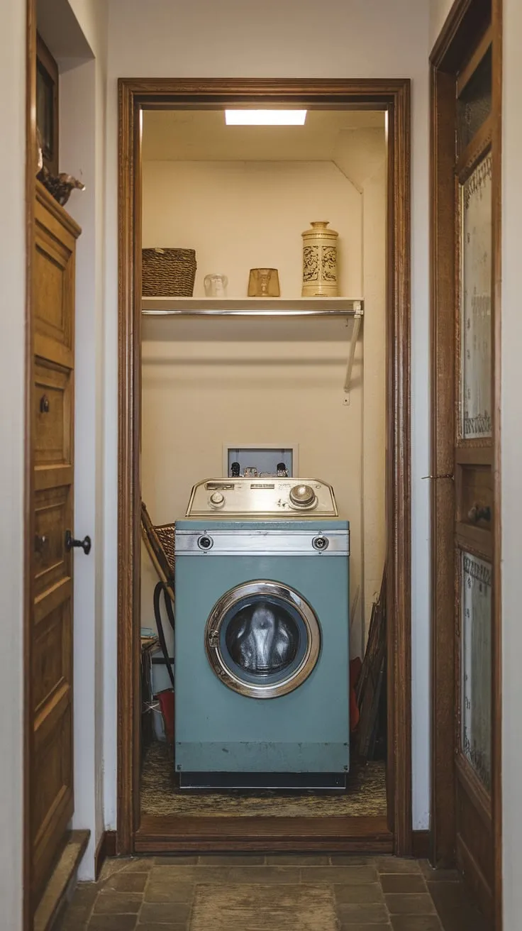 Step back in time with this charming hallway laundry—a hidden laundry nook tucked away, proving that even the smallest space can be transformed with a little laundry room renovation.  Clever laundry ideas maximize functionality in this vintage-inspired laundry room closet.