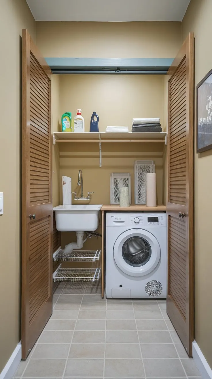 This hallway laundry, tucked away in a cleverly designed laundry room closet, proves that even the smallest space can be a functional and stylish laundry nook.  The laundry room renovation maximized efficiency with thoughtful storage and a charming aesthetic.  Plenty of laundry ideas are on display here!