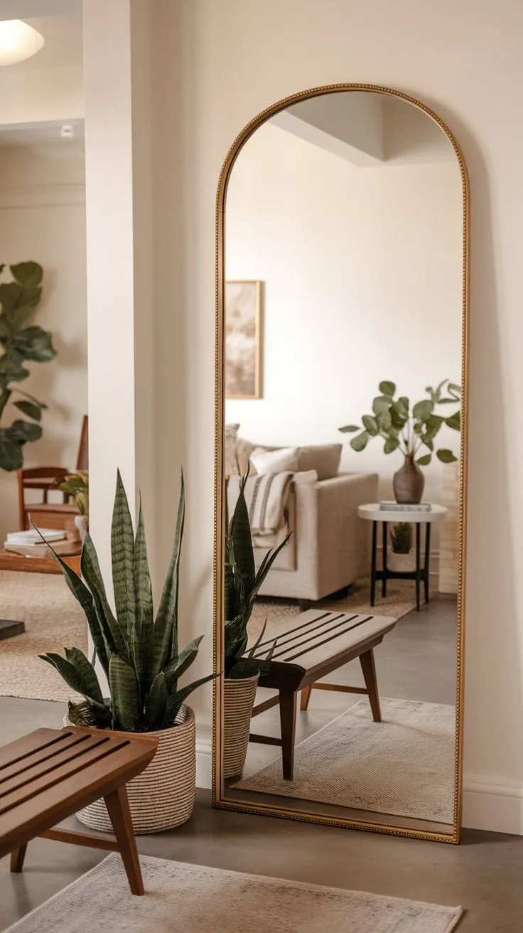 A gold-framed full-length mirror welcomes guests in a warm home entrance, its reflection showcasing a cozy living room beyond.