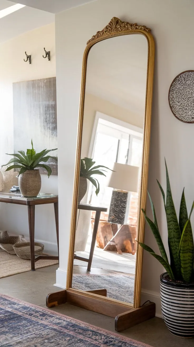 A full-length hallway mirror with a gold frame adds a touch of elegance to a home entrance, complementing the patterned rug and decorative accents.