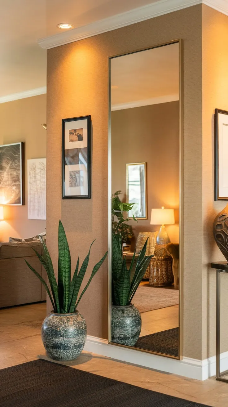 A full-length mirror, elegantly placed in a beige hallway, reflects a cozy living room and stylish console table arrangement.
