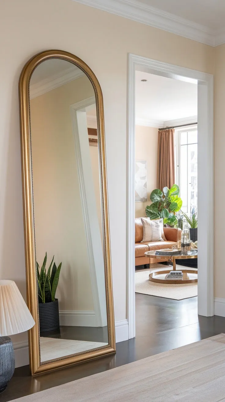 A home entrance is instantly upgraded by a full-length hallway mirror with a gold frame, its reflection showcasing a tastefully decorated living room.