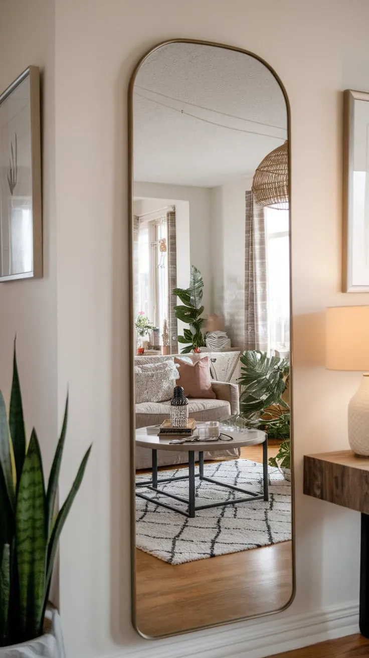 A welcoming home entrance is amplified by a full-length hallway mirror showcasing the living room's charming ambiance.