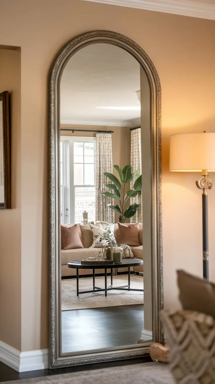 The inviting ambiance of a beige-walled living room is beautifully showcased by a decorative full-length mirror in the hallway.