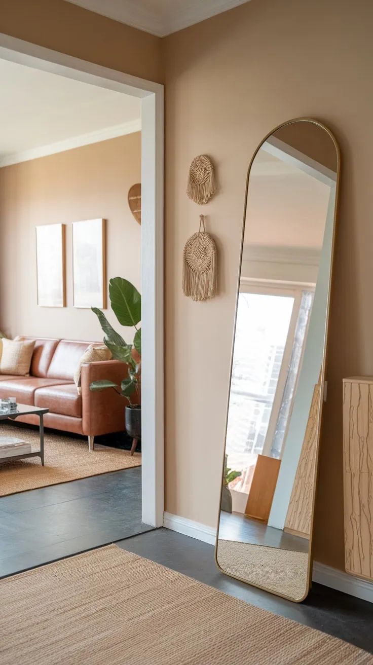 Transform your home entrance with a full-length hallway mirror that expands the feel of your beige living room.