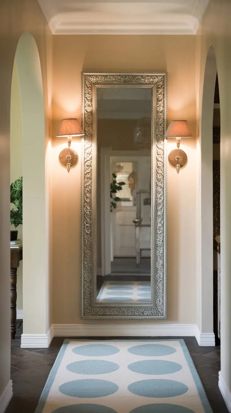 Intricate detailing and warm lighting transform a simple hallway mirror into a stylish focal point, complemented by a serene rug and subtle background elements.