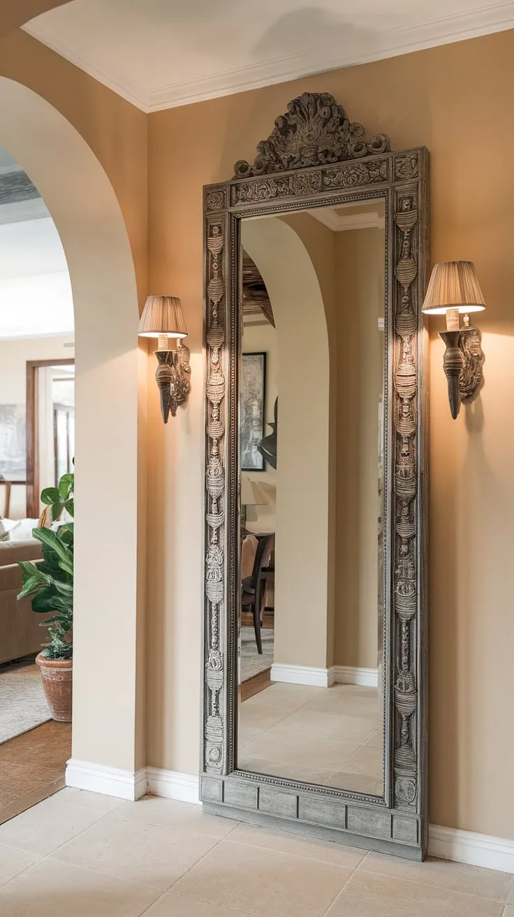 This hallway mirror, a full-length masterpiece in an ornate frame, sets the tone for the entire home.  The elegant home entrance decor flows seamlessly into the inviting living room decor, showcasing a cohesive apartment decor and home design.  Every detail, from the wall lamps to the tiled floor, contributes to the overall room design and interior design.