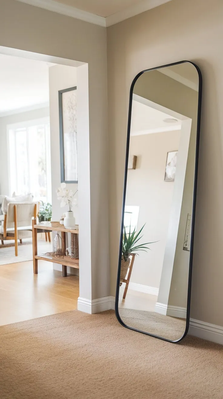 A full-length hallway mirror, strategically placed near the living room entrance, instantly elevates this home's entrance decor.  The subtle grey walls and beige carpet create a calming backdrop, while the small plant and wooden shelf add touches of personality to this apartment decor.  This thoughtful home design showcases the power of simple yet effective interior design and room design choices, transforming a functional space into a stylish home decor statement.