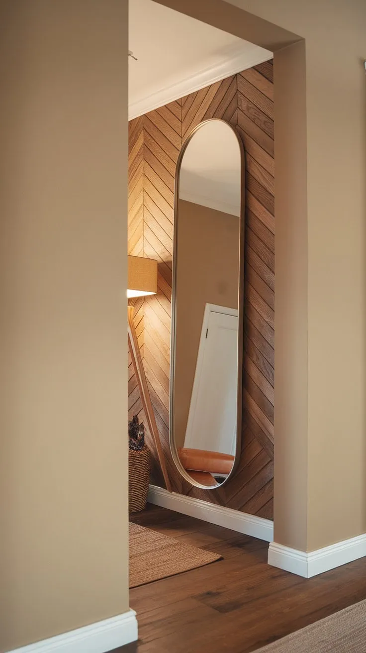 The warm glow of the hallway lamp reflects in the full-length mirror, setting the tone for this inviting home entrance decor.  The rich wood flooring and patterned wall create a sophisticated backdrop, perfect for apartment decor or living room decor inspiration. This home design showcases thoughtful room design and elegant interior design choices, transforming a simple hallway into a stylish statement.