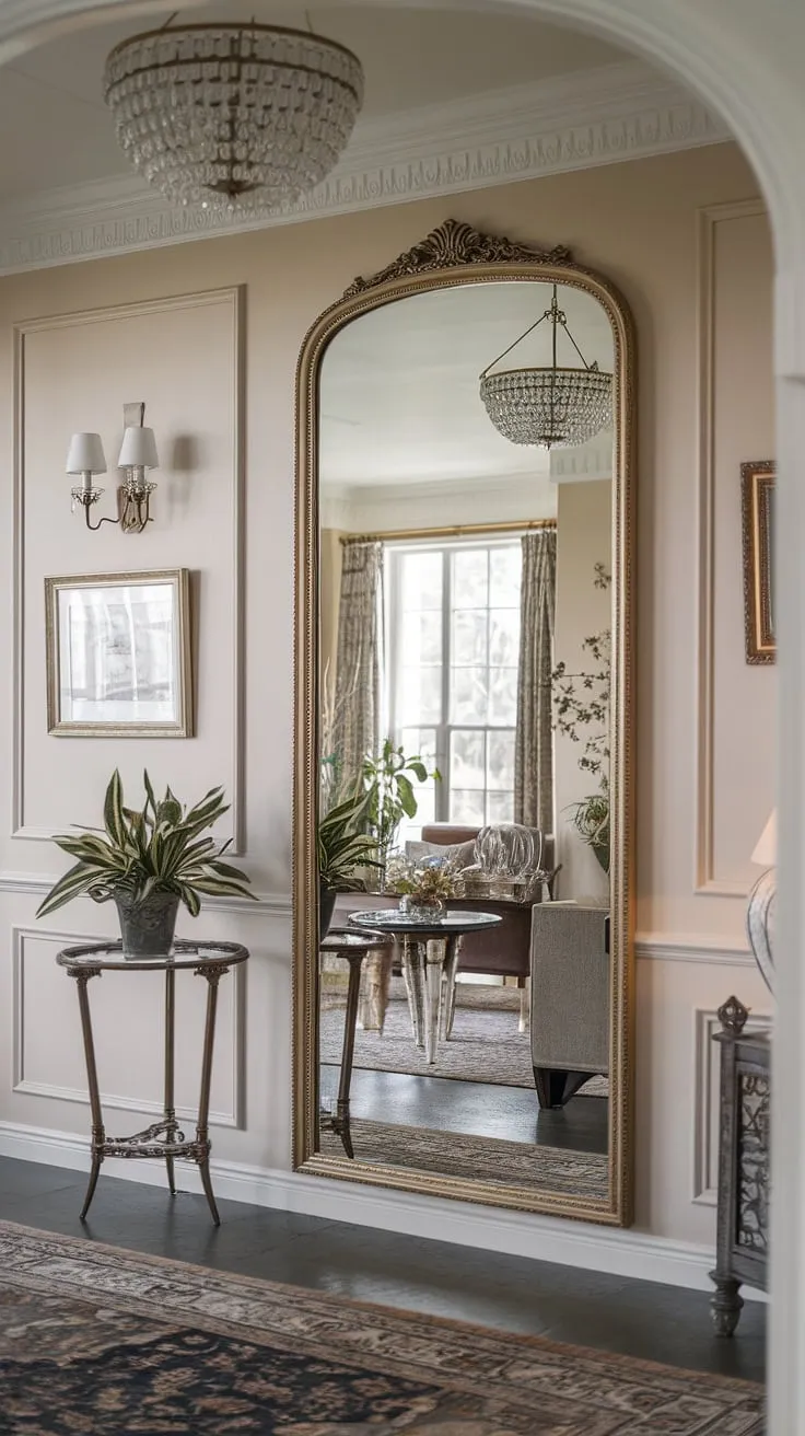This ornate, full-length hallway mirror sets the tone for elegant home entrance decor.  The perfect blend of classic home design and modern living room decor, it elevates the entire apartment decor and room design.  A touch of green adds life to this sophisticated interior design.