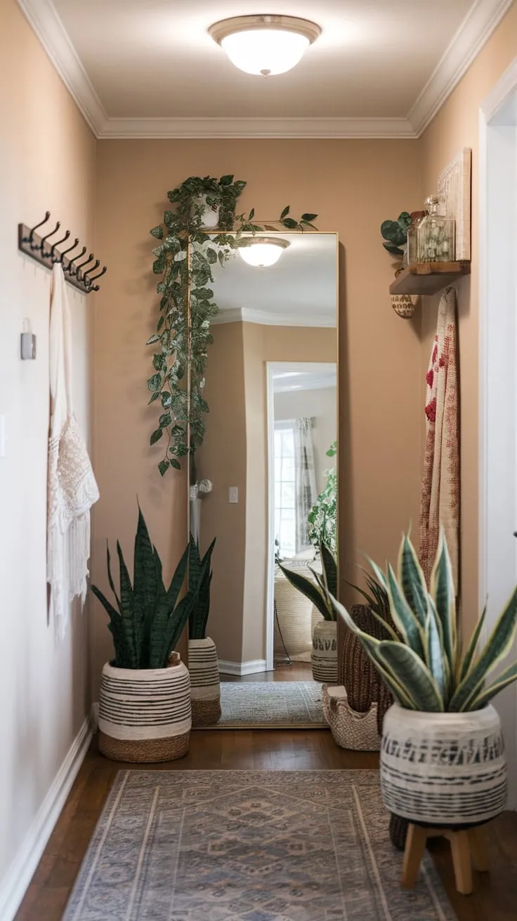 A stylish hallway boasts a full-length mirror adorned with plants and décor, reflecting a patterned rug and beige walls in a welcoming home entrance